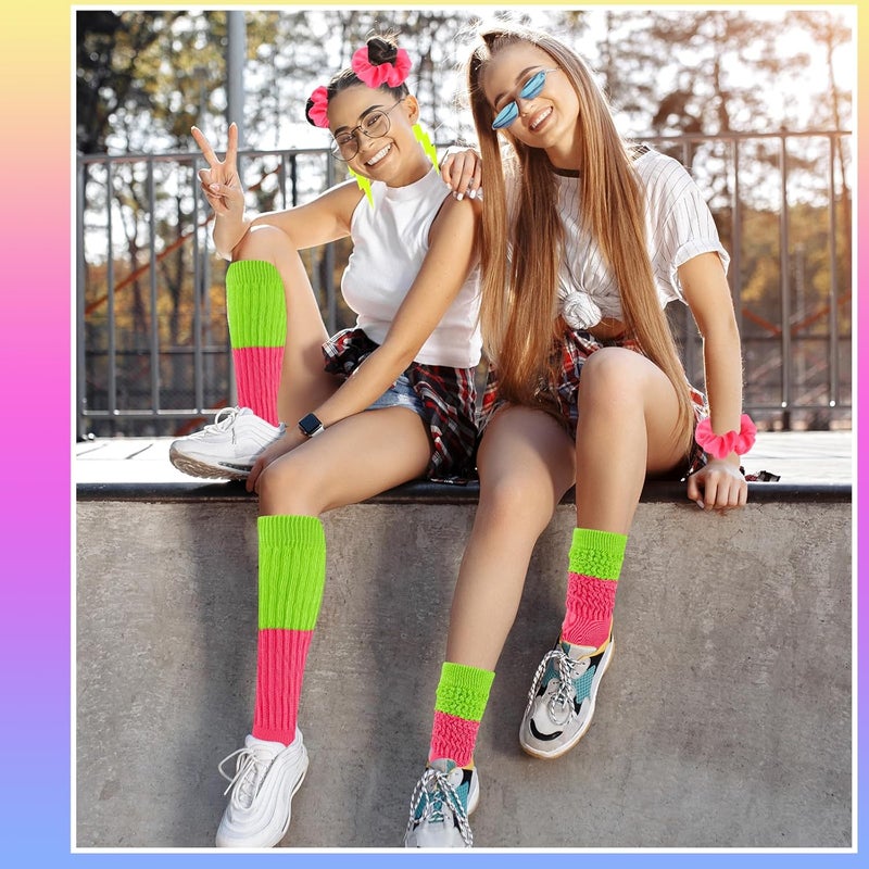 TRIITECH Store Neon Slouch Socks for Women, 80s 90s Scrunch Knee High Socks with Neon Earrings and Scrunchies for 80s 90s Party - Image 5